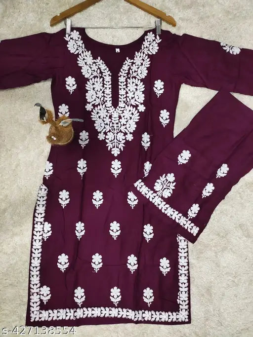 Chikankari rayon kurta set with palazzos, intricately embroidered Indian traditional clothing for women, three-quarter sleeves, various sizes available