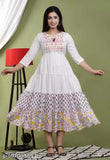 Viscose rayon printed embroidered anarkali kurti, three-quarter sleeves, Indian handcrafted embroidery on model