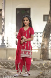 Maroon Georgette Dhoti Kurty Set with Embroidered Dupatta - Traditional Indian outfit for kids, aged 3-15 years