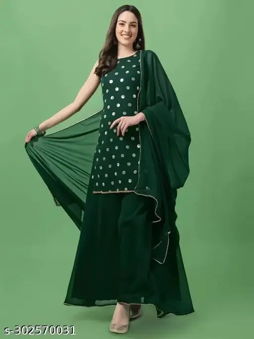 Georgette green embroidered sequinned A-line kurta sharara set with dupatta, Indian ethnic wear for women