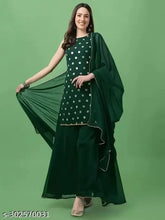Georgette green embroidered sequinned A-line kurta sharara set with dupatta, Indian ethnic wear for women