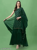 Georgette green embroidered sequinned A-line kurta sharara set with dupatta, Indian ethnic wear for women
