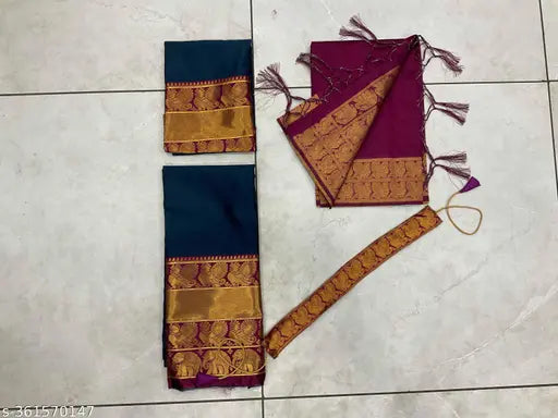 Traditional South Indian art silk half saree set with Litchi Silk zari work, featuring a woven design choli, unstitched lehenga (3.65m), and dupatta (2.4m) with tussles. Set includes belt