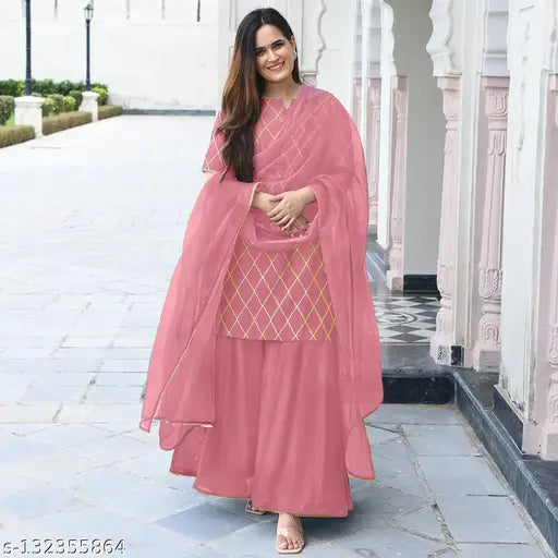 Peach rayon kurti set with net dupatta and bottom wear, printed Indian fashion for women