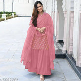 Peach rayon kurti set with net dupatta and bottom wear, printed Indian fashion for women