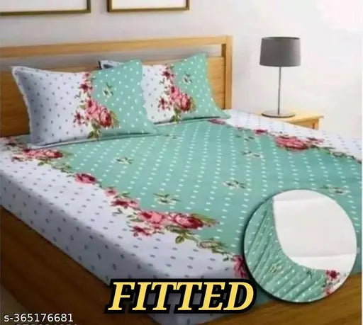 White glace cotton, elastic-fitted double size bedsheet with 2 pillow covers (pack of 1), ideal for summer, up to 6 inches mattress
