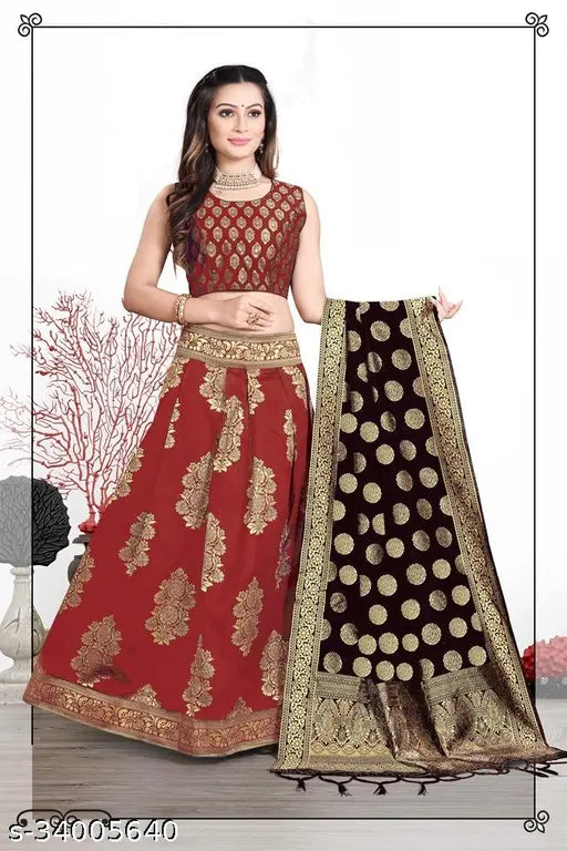 Art Silk Lehenga and Cotton Silk Dupatta, embellished semi-stitched Classy Lehenga Cholis for young ladies, featuring a heavy Brocade Lehenga and Banarasi Jacquard Silk Blouse & Dupatta, suitable for machine wash