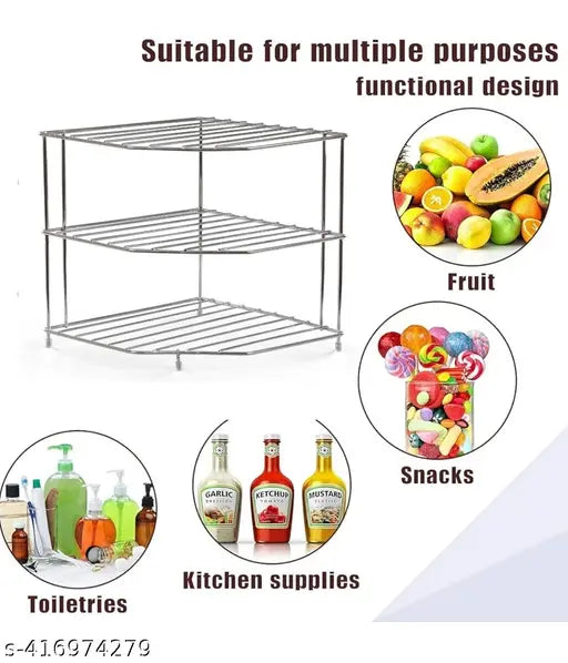 Stainless steel 3-tier diamond corner shelf organizer. Kitchen counter and cabinet storage solution. Easy-to-move, rust-resistant, and no assembly required