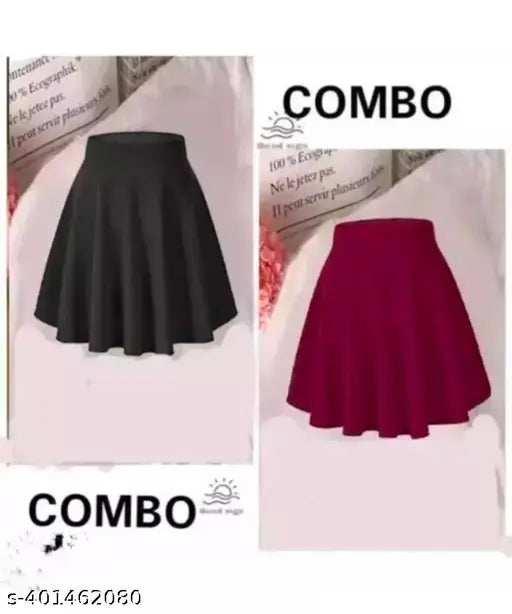 Solid polyester skater skirts (2-pack), high-quality, stretchy and flared, imported from India