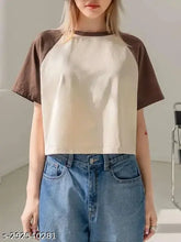 Colorblocked cotton short sleeve women's crop raglan t-shirt, India origin, size XS (34in bust, 16in length)