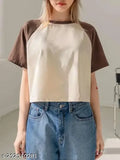 Colorblocked cotton short sleeve women's crop raglan t-shirt, India origin, size XS (34in bust, 16in length)