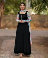 Black georgette gown with long sleeves, printed combo, and dupatta set. Pastel shades, button and dori fumka details, perfect for western wear. Made in India