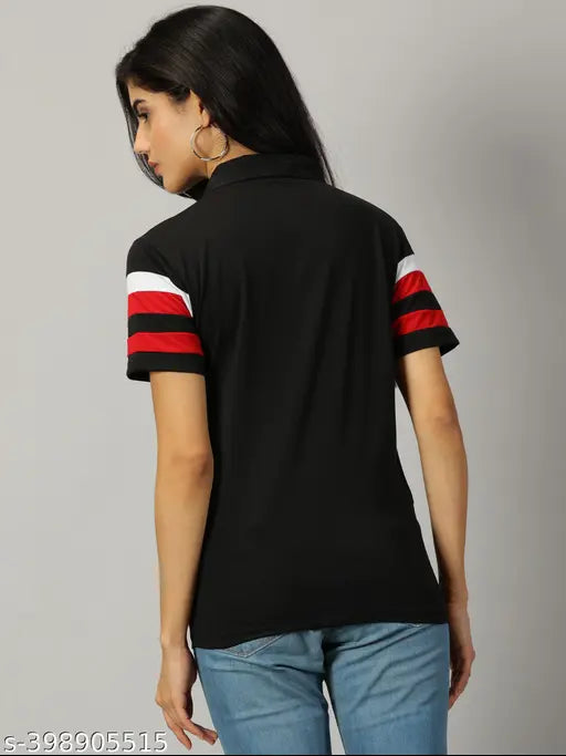Black cotton-blend striped half sleeve polo t-shirt for women, great for casual wear