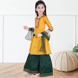 Embellished dupion silk anarkali kurta sharara & dupatta set for girls, comfortable ready-to-wear Indian outfit with lace details