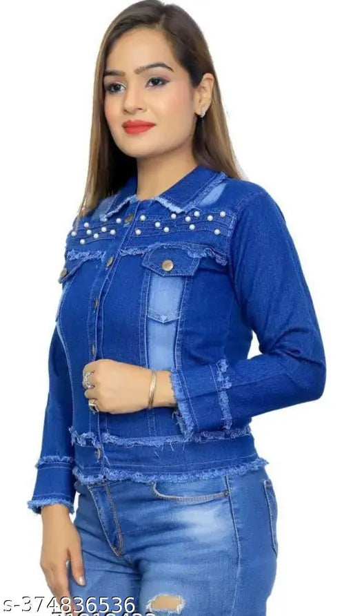 Blue Denim Jacket: Trendy, Solid-Pattern Women's Long Sleeve, Size S (34in Bust/21in Length), India Origin
