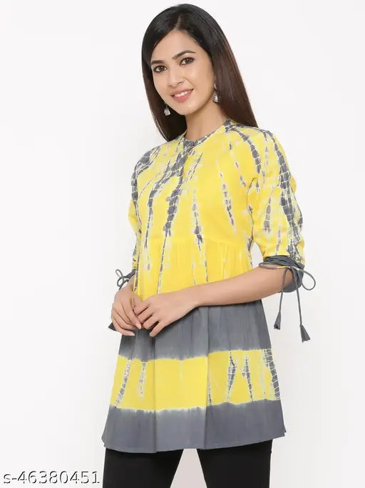 Yellow & Grey tie dye printed 60's Cambric tunic with sleeves, three-quarter length, cotton fabric - Kipek women's ethnic wear