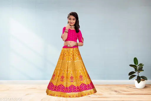 Kids girls taffeta-silk lehenga cholis, vibrant jacquard patterns, Indian traditional elegance for 7-12 years