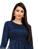 Velvet accordion pleated fit and flare kurti, self-designed pattern, three-quarter sleeves. (M - Bust size: 38 inches, Made in India)