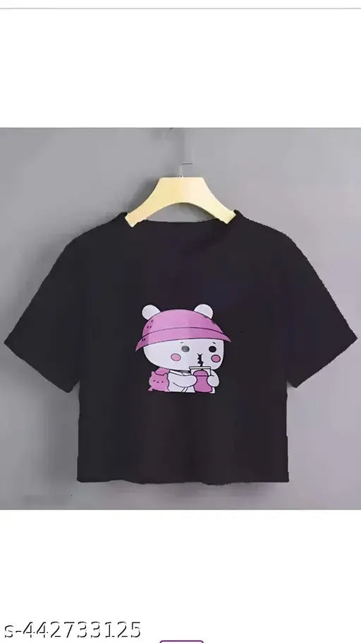 Cute pink cotton blend women's crop top set with cartoon print & round sleeves, available in sizes S-XL, made in India