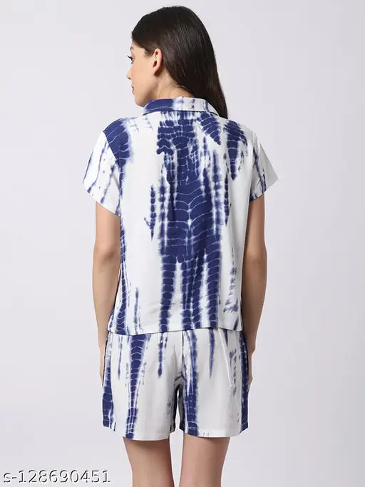 Claura cotton nightsuit for women - rayon shortsleeved shirt and short bottoms, dyed/washed pattern in various sizes (S-XL), Indian origin