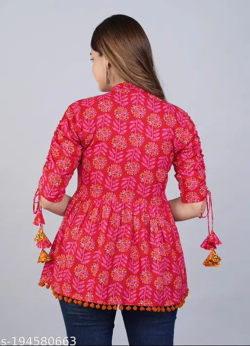 Cotton printed tunics, three-quarter sleeves, ethnic women's wear from India
