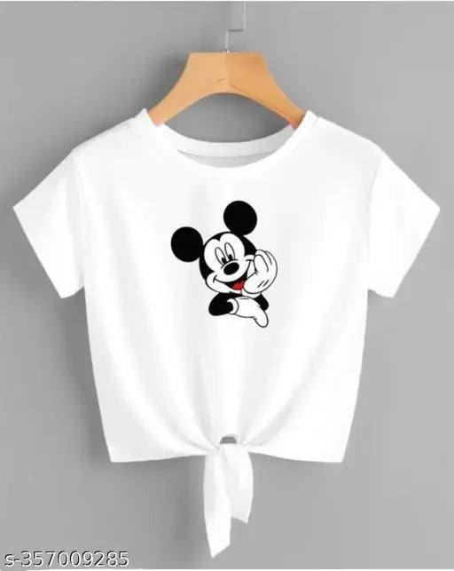 Trendy white crop top with Mickey Mouse print, women's lycra short sleeves, India origin