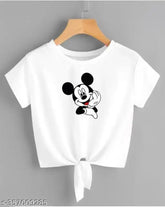 Trendy white crop top with Mickey Mouse print, women's lycra short sleeves, India origin