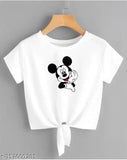 Trendy white crop top with Mickey Mouse print, women's lycra short sleeves, India origin