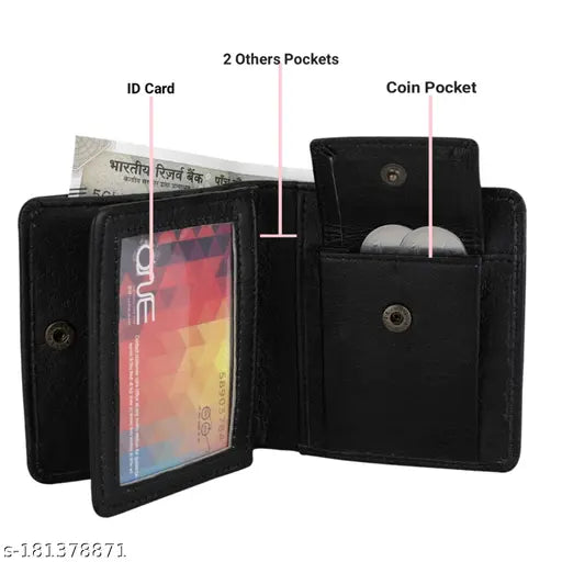 Black faux leather Zoster Men & Women wallet, sleek and modern design with 2 compartments for personal items like cards and IDs. Made in India