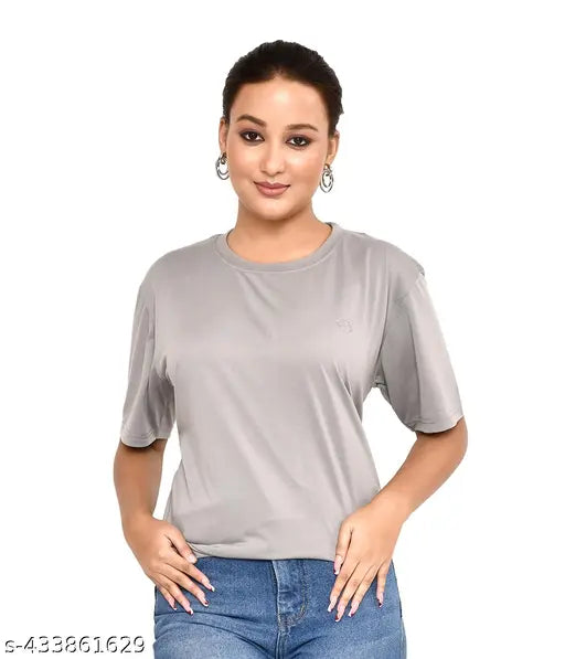 Cotton blend solid round neck T-shirt, comfortable and breathable western outfit for women, perfect for casual wear in multiple sizes (S-XXL)