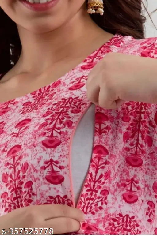 Rayon Anarkali maternity dress with zipper, rayon & acrylic bottom, three-quarter sleeves, printed combo pack, India-made, pre/post pregnancy nursing wear