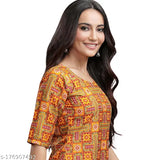 Multicolor ethnic motif printed straight kurti, 100% American crepe on a stylish women's three-quarter sleeve outfit