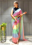 Multicolor Georgette saree with striped running blouse, velvet blouse in free size. Indian-made NAYAN GEORGETTE saree on display