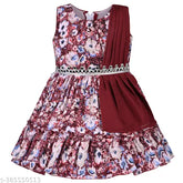 Silver satin floral print knee-length dress for baby girls (fe3250mrn), featuring maroon upper body and vibrant pink flowers with green leaves. Sizes: 3-6 months, single quantity, sleeveless design with attached dupatta and belt, back zip opening