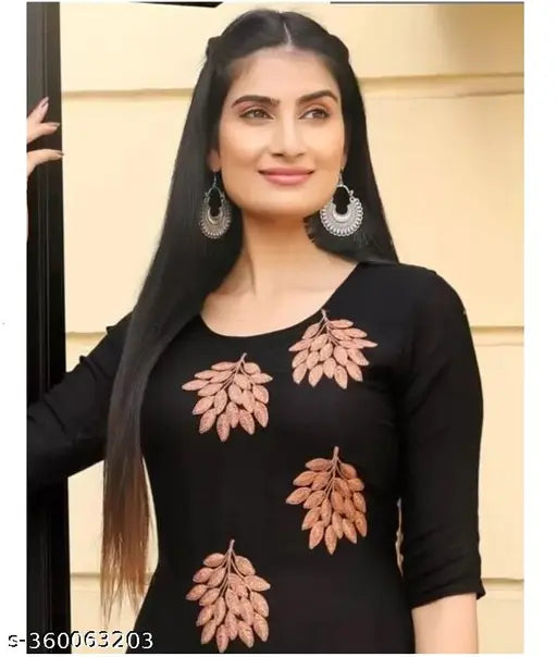 Peach and Black embroidered Rayon work Kurta with calf-length printed design, traditional ensemble for women