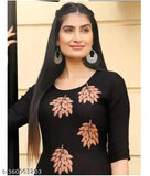 Peach and Black embroidered Rayon work Kurta with calf-length printed design, traditional ensemble for women