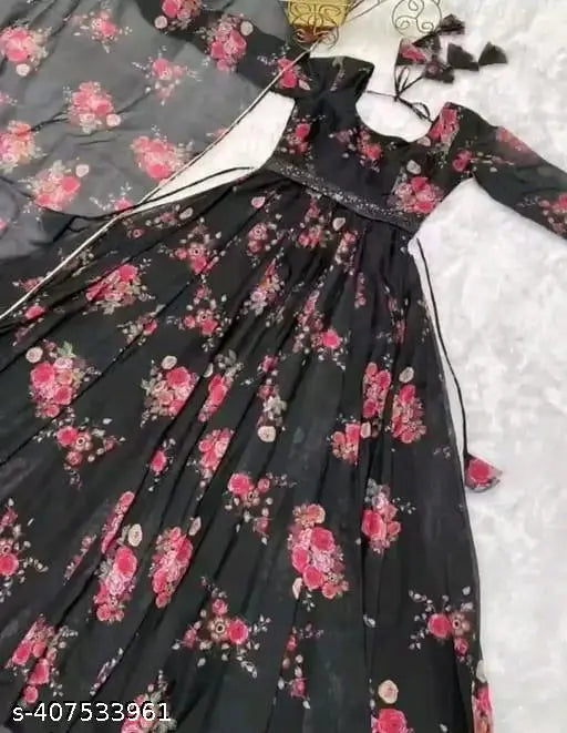 Black roze print georgette long-sleeved blouse, printed net pattern on mannequin for Indian fashion