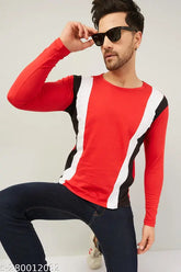 Red colorblocked cotton t-shirts for men, long sleeves design