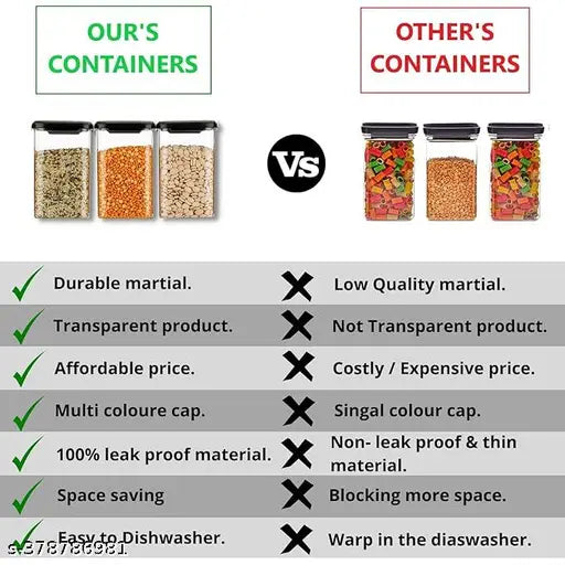 Transparent plastic storage jar set (1100ml), airtight, unbreakable & BPA-free. Space-saving kitchen containers for groceries & pantry organization