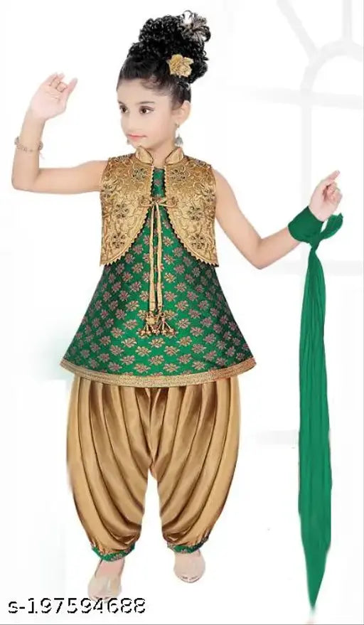 Green printed designer Patiala suit for girls - RK Collection kids festive wear in cotton blend with dupatta and embroidery details