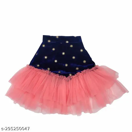 Stylish lace and net lehenga choli set for kids, embroidered printed design, sleeveless top, sizes range from 2-3 years to 7-8 years