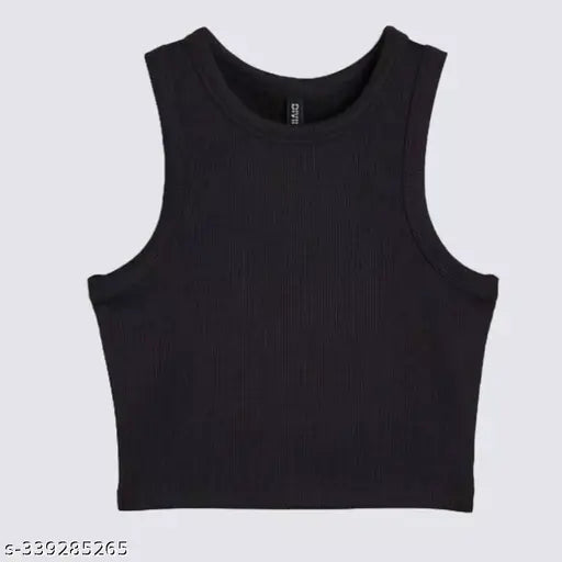 Black cotton scoop neck sleeveless women's crop tank top, trendy casual wear with ribbed texture for versatile styling and everyday outfits