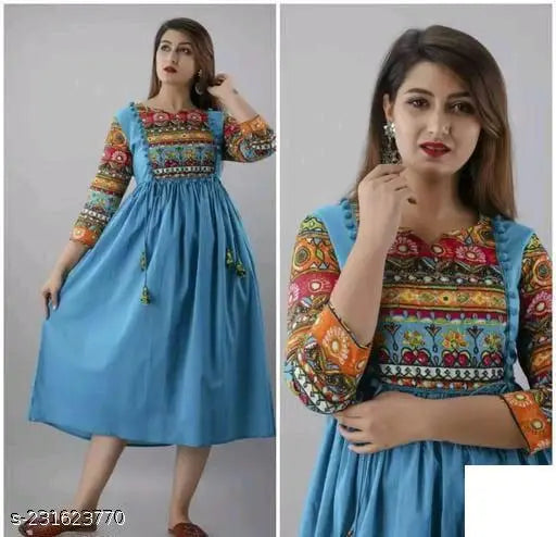 Green rayon anarkali kurti with printed combo, three-quarter sleeves, Rama design