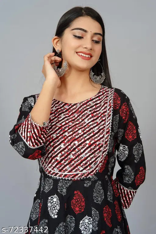 Black rayon floral printed Anarkali kurta with three-quarter sleeves, suitable for casual events. Indian-made fashion for women." (120 characters)