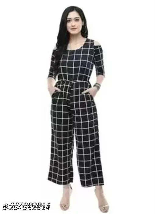 Black Squair baju 0 jumpsuit, stylish crepe short-sleeve checkered jumpsuit from the Menakshi Collection. Made in India. Available in various sizes (S - XXXL)