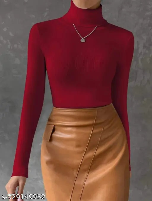 Women's high neck Lycra top, solid-colored, long sleeves, easy to wash, stretchable, fits true to size, full sleeves, 100% Lycra blend