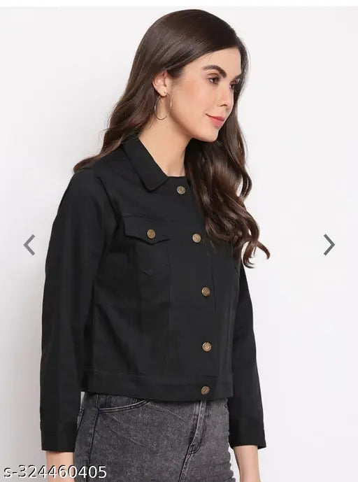 Trendy black solid denim jacket, long sleeves, size S-XL, Indian craftsmanship