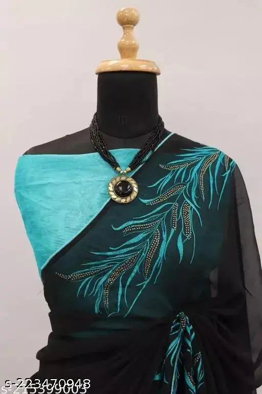 Embellished georgette fire saree with separate silk blouse, featuring beautiful embroidery on border. Single black saree from India (5.5m length)