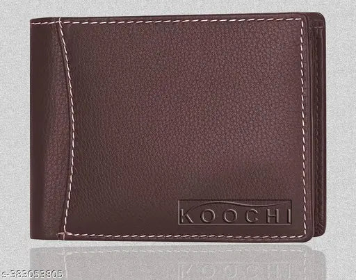 Brown faux leather bi-fold men's wallet, 11 card slots, 2 transparent slots, 2 cash compartments, coin slot, and side pocket. Indian-made leather purse for gents