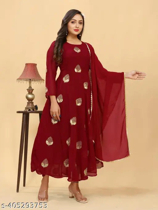 Marron pan3, Georgette, Zari embroidered anarkali kurti with four side lace, S (Bust Size: 36 in), vibrant party wear attire